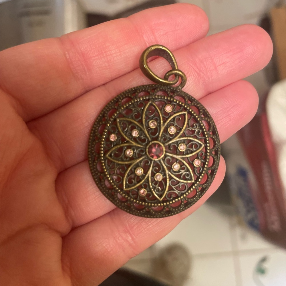 Vintage Bronze color Pendant necklace with Pink Accents